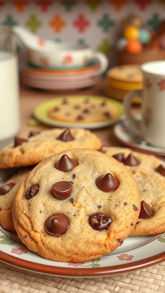 A plate of warm chocolate chip cookies with melting chocolate chips, accompanied by a glass of milk.